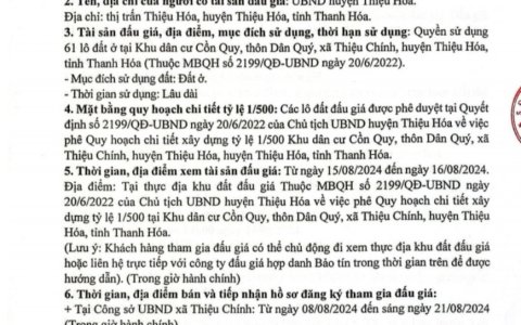 THÔNG BÁO VỀ VIỆC  ĐẤU GIÁ QUYỀN SỬ DUNGH ĐẤT TRÊN ĐỊA BÀN XÃ THIỆU CHÍNH